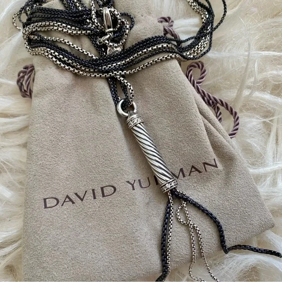 David Yurman Sterling Silver and Black Diamond Tassel Cable Chain Long Necklace - Picture 15 of 15